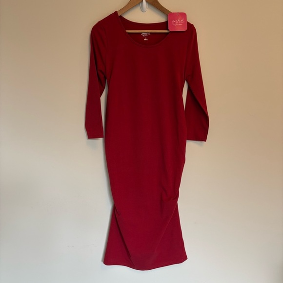 Isabel Maternity Red Bodycon Midi Dress with Long Sleeves size medium - Picture 3 of 8